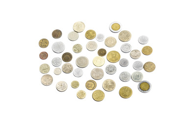 The coins of different countries on white background