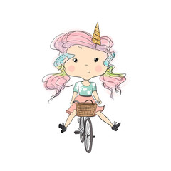 Unicorn Girl On A Bicycle Isolated On A White Background Hand Drawn Illustration