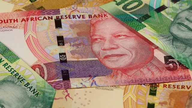 South Africa rand banknotes rotating. South African currency. Low angle. Stock video footage