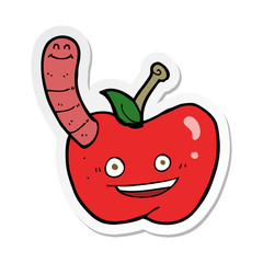 sticker of a cartoon apple with worm