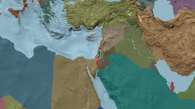 Palestina area presented against the global administrative map in the Kavrayskiy VII projection with animated oblique transformation