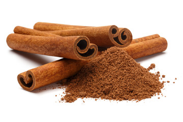 Cinnamon sticks and powder, isolated on white background