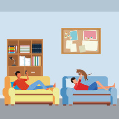 faceless men and dog living room sofa