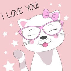Obraz na płótnie Canvas Greeting card Cute baby cat in glasses and an inscription hello isolated in pink background.