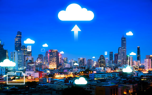 Sending and storing data with cloud computing technology, Cloud computing technology and communication icon over cityscape,network and connection concept.