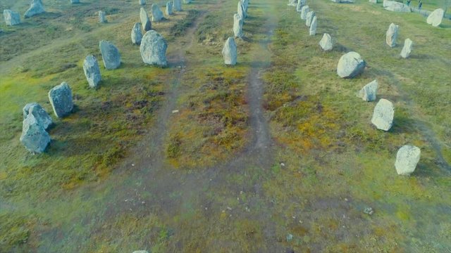 Aerial view Carnac menhirs alignment Brittany 4k