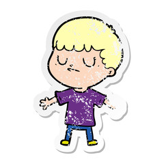 distressed sticker of a cartoon grumpy boy