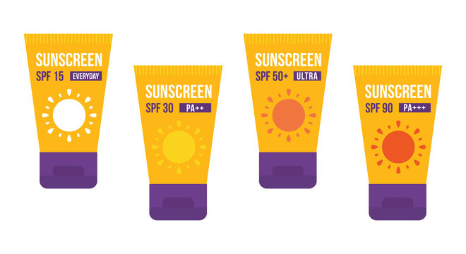 Set, Collection Of Cartoon Vector Bottles Of Sunscreen Isolated On White Background.