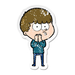 distressed sticker of a cartoon curious boy