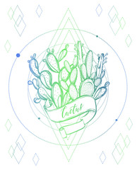 Vector illustration. Cactus, sacred geometry. Handmade,set of plants, prints on T-shirts, tattoos, background white, green and blue color, postcard for you