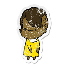 distressed sticker of a cartoon annoyed hipster girl