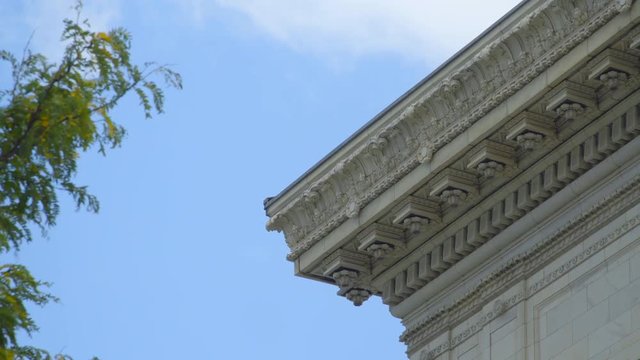 Tree Swaing and the Top of a Roman Architecture Style Building