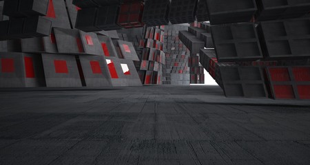 Naklejka na ściany i meble Abstract red and concrete parametric interior with window. 3D illustration and rendering.