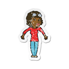 retro distressed sticker of a cartoon woman wearing goggles