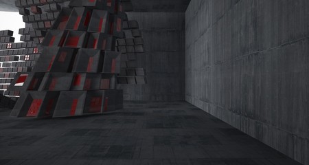Abstract red and concrete parametric interior  with window. 3D illustration and rendering.