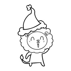 laughing lion line drawing of a wearing santa hat