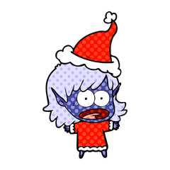 comic book style illustration of a shocked elf girl wearing santa hat