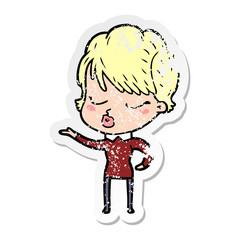 distressed sticker of a cartoon woman with eyes shut