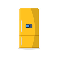 Fridge with freezer isolated on background. Yellow refrigerator. Kitchen utensils. Vector flat design