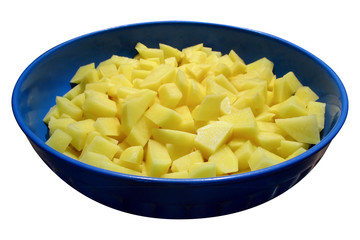blue plastic basin with diced potatoes, isolated on white