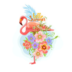 Tropical flowers. Exotic blossom and Pink Flamingo Jungle arrangement. Hello Summer Floral Embroidered Pattern for Fabric. Embroidery tropical bird, Hawaii symbol. EPS Vector illustration