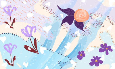 Creative universal artistic floral background. Hand Drawn textures. Trendy Graphic Design for banner, poster, card, cover, invitation, placard, brochure or header.