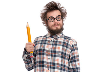 Crazy bearded Man in plaid shirt with funny Haircut in eye Glasses holding Big Pencil, isolated on...