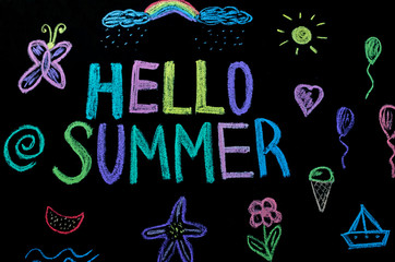 colored text hello summer on blackboard