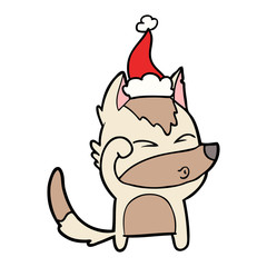 line drawing of a wolf pouting wearing santa hat