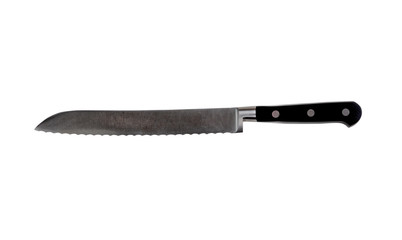 New serrated steel kitchen knife isolated on a pure white background