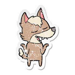 distressed sticker of a cartoon wolf laughing