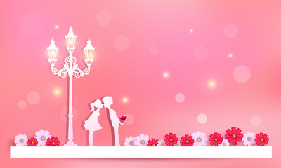 couple with love and beautiful flowers. pink background 