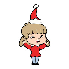 line drawing of a worried woman wearing santa hat