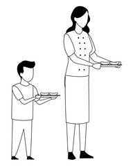 faceless mother and son barbecue food in black and white