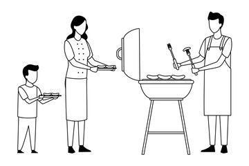 faceless family cooking barbecue food in black and white