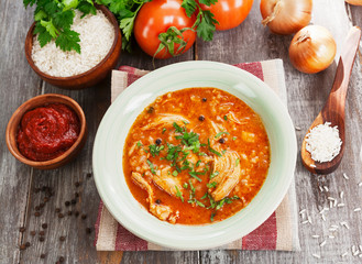 Traditional georgian soup kharcho in a plate on the table