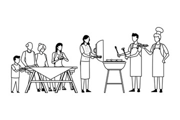 faceless family barbecue party in black and white