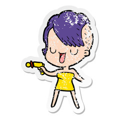 distressed sticker of a cute cartoon girl with hipster haircut