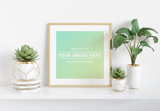 
Square Frame on Shelf with Plants Mockup