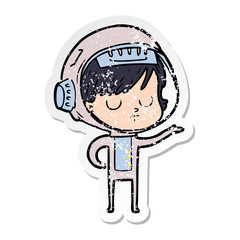 distressed sticker of a cartoon astronaut woman