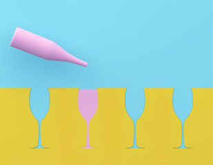 Outstanding pink champagne glass on blue and yellow pastel  background. Party minimal concept.