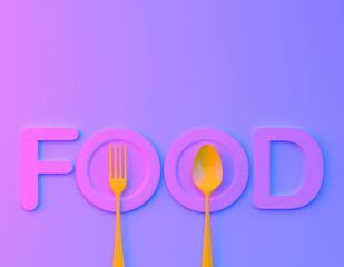 Food word sign logo with spoon and fork in bvibrant bold gradient purple and blue holographic colors background. minimal food concept. Cafe or restaurant emblem.