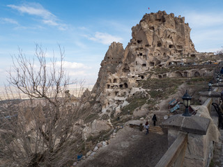 NEVSEHIR DISTRICT, CAPPADOCIA, TURKEY- Amazing Uchisar village with its spectacular rocky castle. March, 2019