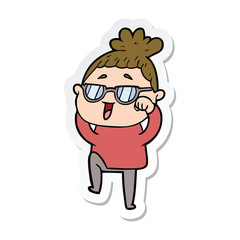 sticker of a cartoon happy woman wearing spectacles