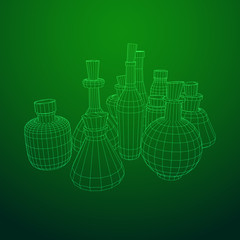Different wine bottles. Model wireframe low poly mesh vector illustration