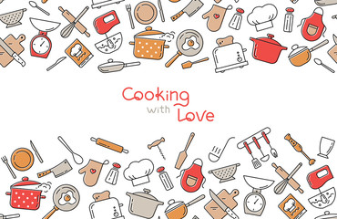 Cooking flat horizontal seamless pattern with lettering or place for text. Kitchen utensil and appliance cartoon texture. Food preparation Scandinavian illustration. Kitchenware sketch clipart.