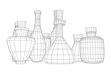 Different wine bottles. Model wireframe low poly mesh vector illustration