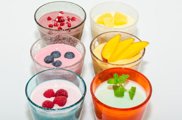 Fototapeta na wymiar Yogurt with fruits. Healthy smoothies. 