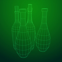 Different wine bottles. Model wireframe low poly mesh vector illustration