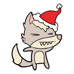 angry wolf line drawing of a wearing santa hat